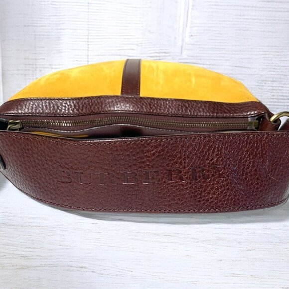 Burberry Suede & Leather Hobo Shoulder Bag Mustard Yellow Dark Brown 10"x8"x2" - Picture 4 of 13